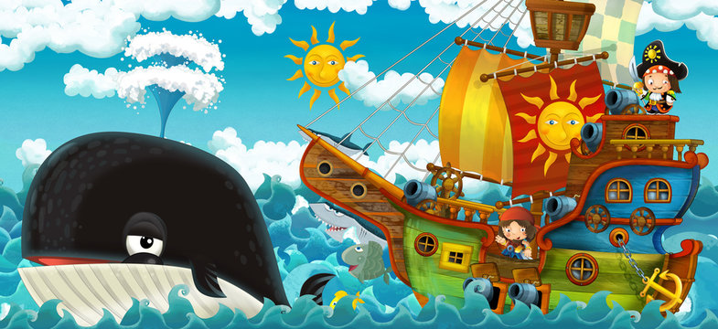 cartoon scene with pirate ship sailing through the seas with happy pirates meeting swimming whale - illustration for children © honeyflavour