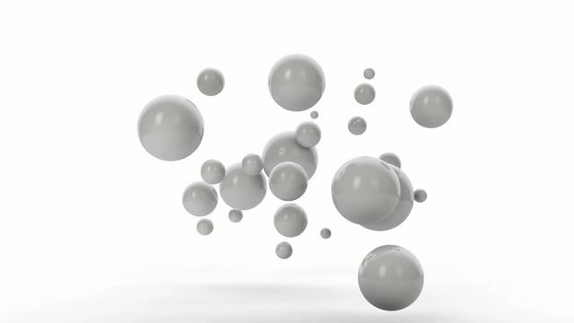 3D animation of many pearls in space that fall to the surface and disappear.