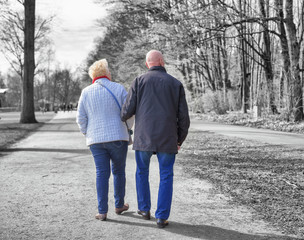 Two seniors  walking in spring park