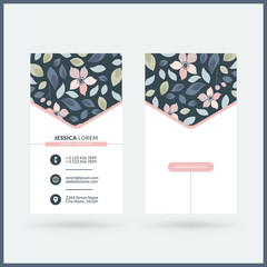 Double-sided vertical modern business card template with cute floral background. Vector mockup illustration. Stationery design