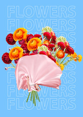 Elegant woman as wrap filled with flowers, unusual bouquet or gift concept. Text on the blue...