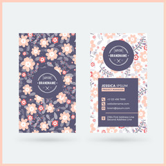 Double-sided vertical modern business card template with cute floral background. Vector mockup illustration. Stationery design