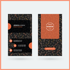 Double-sided vertical modern business card template with cute floral background. Vector mockup illustration. Stationery design