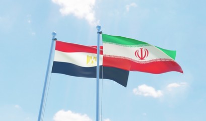 Iran and Egypt, two flags waving against blue sky. 3d image