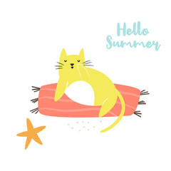 Cute hand drawn cat on a beach. Character design