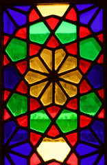 Fragment photo of stained glass window. Colorful glass. Colorful window.Iranian art. Persia, Iran....