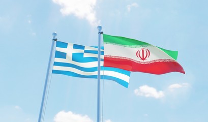 Iran and Greece, two flags waving against blue sky. 3d image