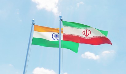 Iran and India, two flags waving against blue sky. 3d image