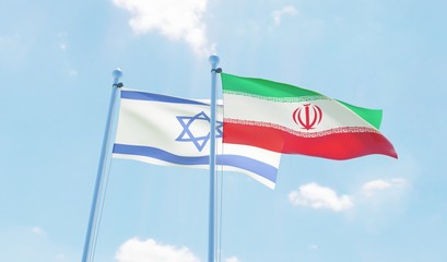 Iran and Israel, two flags waving against blue sky. 3d image