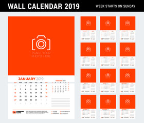 Wall calendar template for 2019 year. Week starts on Sunday. Vector illustration