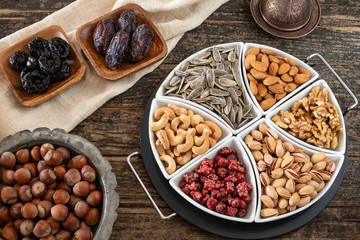Dried fruits and nuts on the table.