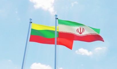 Iran and Lithuania, two flags waving against blue sky. 3d image