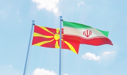 Iran and Macedonia, two flags waving against blue sky. 3d image