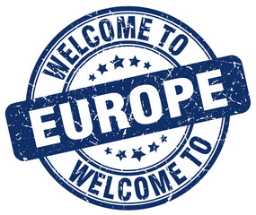 welcome to europe blue round vintage stamp