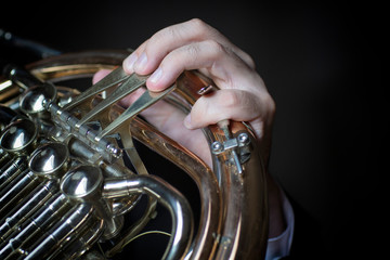 French horn instrument. Hand playing horn player