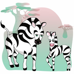 Naklejka na ściany i meble Animals of the wild.Zoo animals.Zebra and baby Zebra