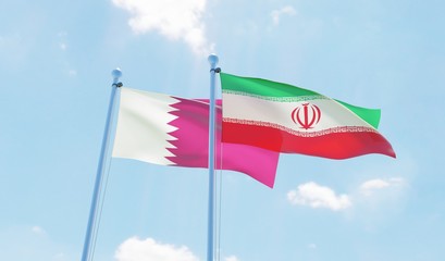 Iran and Qatar, two flags waving against blue sky. 3d image