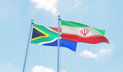 Iran and South Africa, two flags waving against blue sky. 3d image