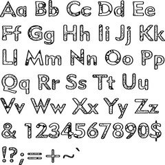 Alphabet,collection letters. Structural, textured text. Hand drawn sketch ,black elements,white background, illustration.