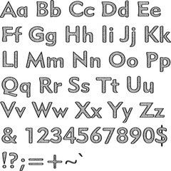 Alphabet,collection letters. Structural, textured text. Hand drawn sketch ,black elements,white background, illustration.