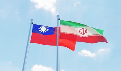 Iran and Taiwan, two flags waving against blue sky. 3d image