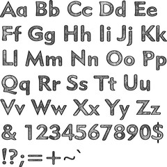 Alphabet,collection letters. Structural, textured text. Hand drawn sketch ,black elements,white background, illustration.