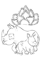 Coloring for kids.Animals of the wild.Rhino and baby Rhino.