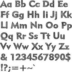 Alphabet,collection letters. Structural, textured text. Hand drawn sketch ,black elements,white background, illustration.