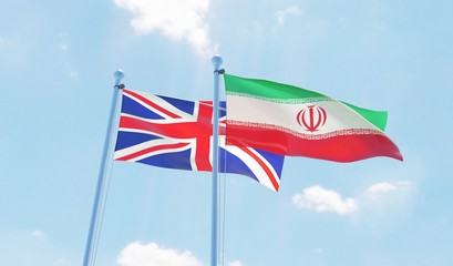 Iran and UK, two flags waving against blue sky. 3d image