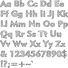 Alphabet,collection letters. Structural, textured text. Hand drawn sketch ,black elements,white background, illustration.