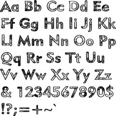 Alphabet,collection letters. Structural, textured text. Hand drawn sketch ,black elements,white background, illustration.