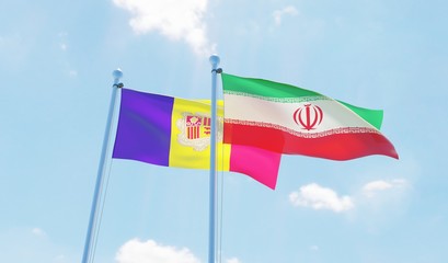 Iran and Andorra, two flags waving against blue sky. 3d image