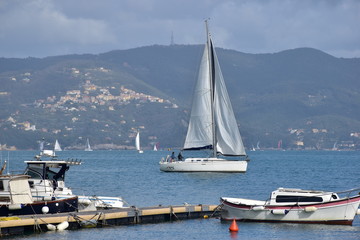 barca a vela in procinto di rientrare in porto,  Porto Venere, Liguria, Italia