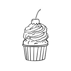 Muffin with cream and cherry line drawing on white background. Black and white outline illustration.  Sketch of food. Isolated object for greeting card, coloring, print.