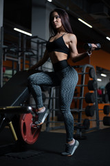 Fototapeta na wymiar Fitness girl trains biceps with dumbbells in the gym.