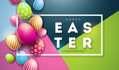 Vector Illustration of Happy Easter Holiday with Painted Egg on Colorful Background. International Celebration Design with Typography for Greeting Card, Party Invitation or Promo Banner.