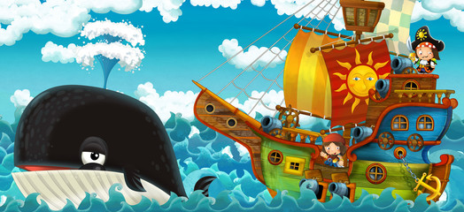 cartoon scene with pirate ship sailing through the seas with happy pirates meeting swimming whale - illustration for children