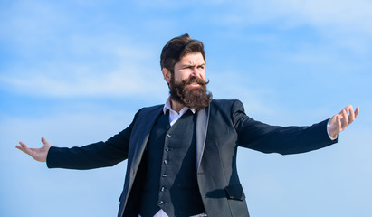 Future success. Confident in his choice. Male formal fashion. Mature hipster with beard. brutal caucasian hipster. Bearded man. Businessman against the sky. Serious hipster. Charismatic male