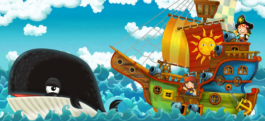 Obraz na płótnie Canvas cartoon scene with pirate ship sailing through the seas with happy pirates meeting swimming whale - illustration for children