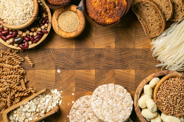 Fototapeta na wymiar Gluten free diet concept - selection of grains and carbohydrates for people with gluten intolerance, copy space