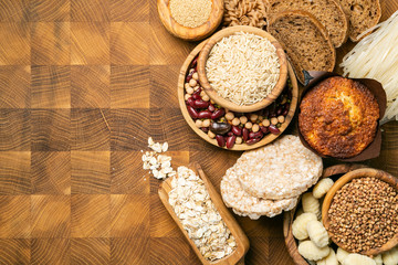 Gluten free diet concept - selection of grains and carbohydrates for people with gluten intolerance, copy space