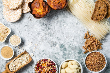 Gluten free diet concept - selection of grains and carbohydrates for people with gluten intolerance, copy space