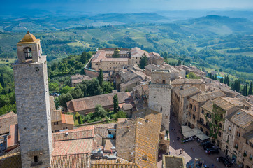 Fototapeta na wymiar Aerial wide-angle view of the historic town of San Gimignano with Tuscan countryside, Tuscany, Italy
