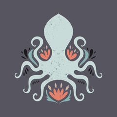 Vector hand drawn octopus, clip art illustration, vintage ethnic style, stylized animal