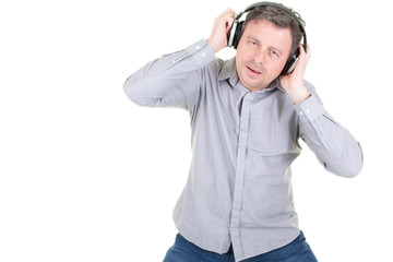 Front view of screaming singing dancing man with headphones