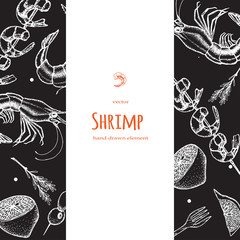 Set of shrimps. Hand drawn illustrations.Seafood concept on white background. Hand drawn boil prawn or shrimp. Background template for design. Can be use for menu, packaging.