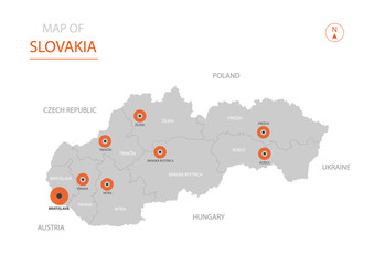 Stylized vector Slovakia map showing big cities, capital Bratislava, administrative divisions.