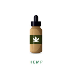 Realistic glass bottle with hemp oil. Mock up of cannabis oil extracts in jars. Medical Marijuana logo. Vector illustration