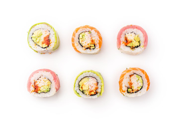 Fototapeta Flat lay with colorful sushi rolls with crab meat on white background obraz