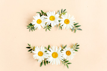 Wreath made of chamomiles, petals, leaves on beige background. Flat lay, top view floral background.
